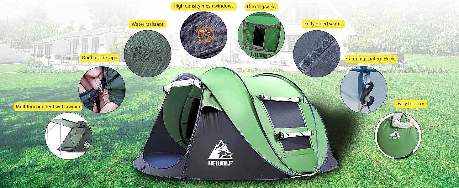 Green boat-shaped pop-up camping tent by ECOTREK, large tent measuring 280cm long, 200cm wide, and 120cm high.