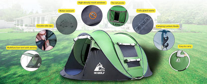 Green boat-shaped pop-up camping tent by ECOTREK, large tent measuring 280cm long, 200cm wide, and 120cm high.