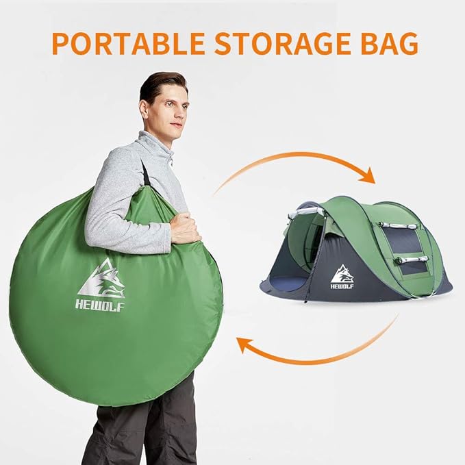 Green boat-shaped pop-up camping tent by ECOTREK, large 280cm length, 200cm width, 120cm height, set up outdoors.