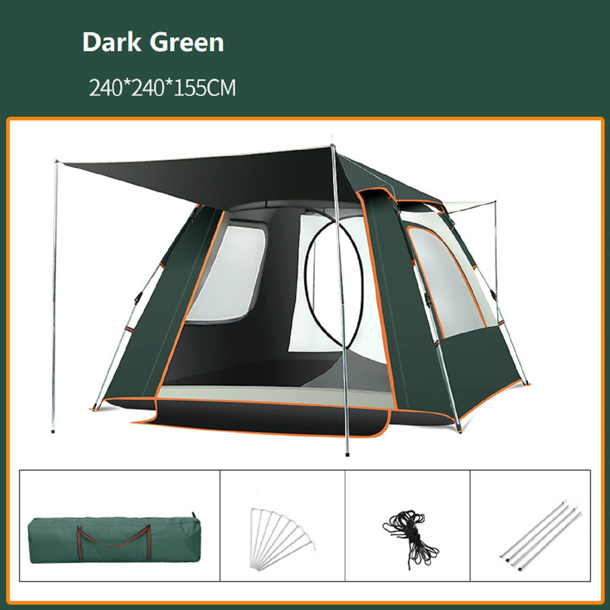 Green ECOTREK family tent, lightweight and easy to set up, shown pitched outdoors with multiple windows and spacious interior.