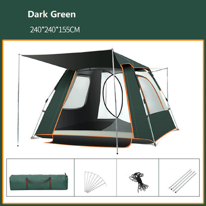 Green ECOTREK family tent, lightweight and easy to set up, shown pitched outdoors with multiple windows and spacious interior.