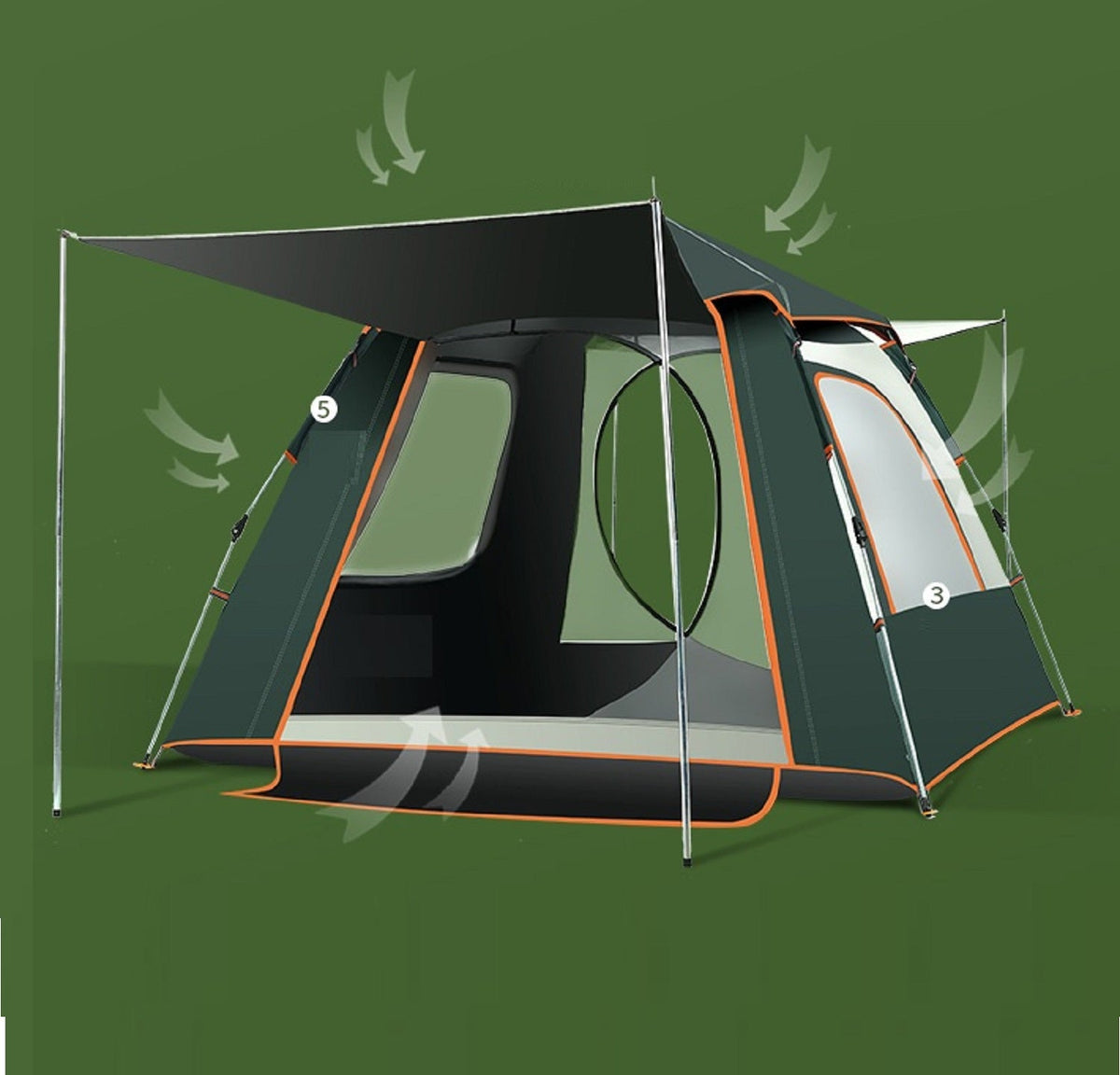 Green ECOTREK family tent, lightweight and easy to set up, suitable for outdoor camping and family adventures.