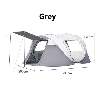 Green ECOTREK boat-shaped portable instant pop-up tent set up outdoors, showcasing its unique design and compact structure.