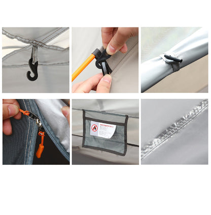 Large ECOTREK automatic pop-up waterproof camping tent set up outdoors, showcasing its durable waterproof fabric and spacious interior.
