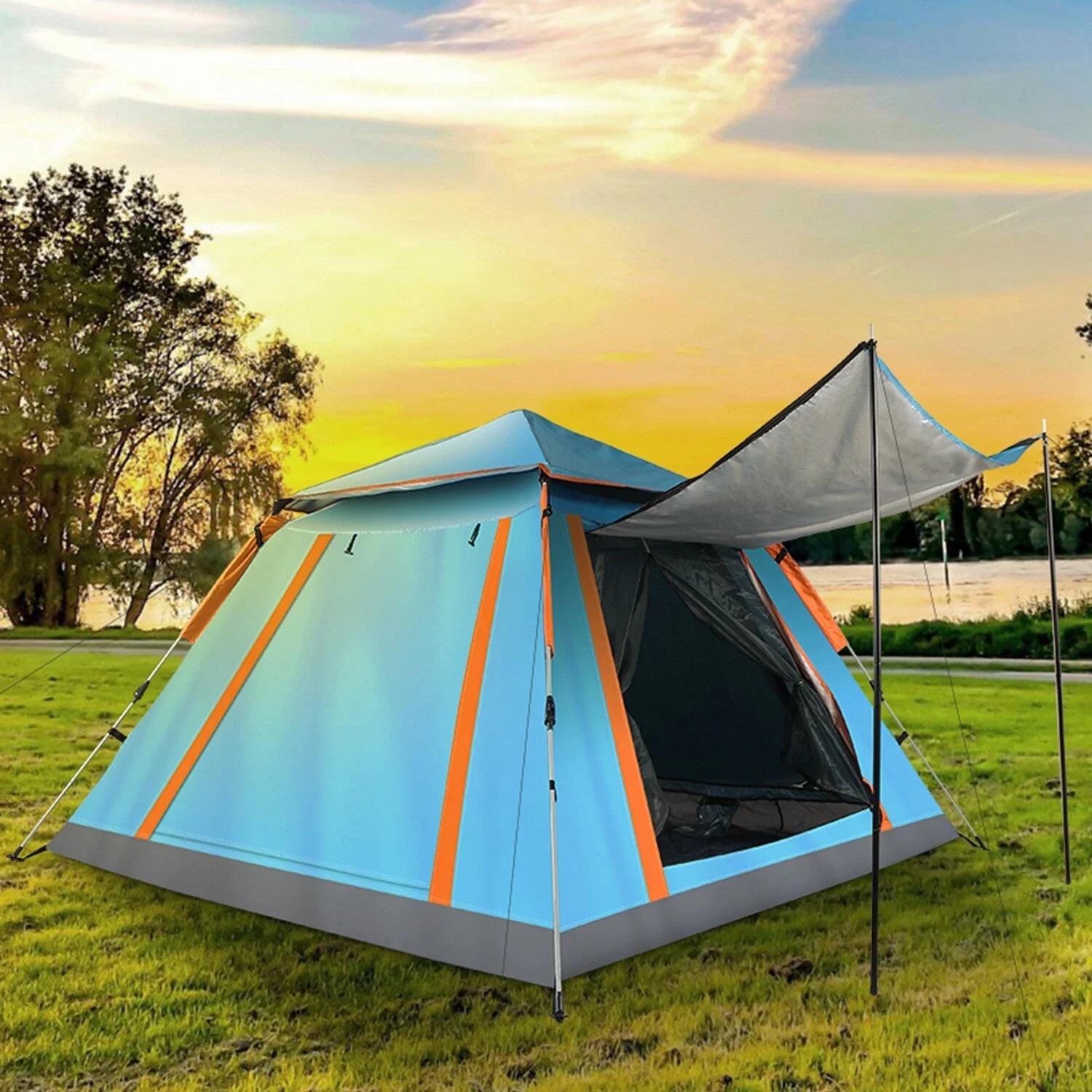 Large ECOTREK automatic pop-up camping tent set up outdoors, showcasing its spacious design and quick assembly for camping trips.
