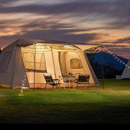 ECOTREK family tent with double layers, waterproof PU3000+, automatic setup, two bedrooms, ideal for family camping outdoor adventures.