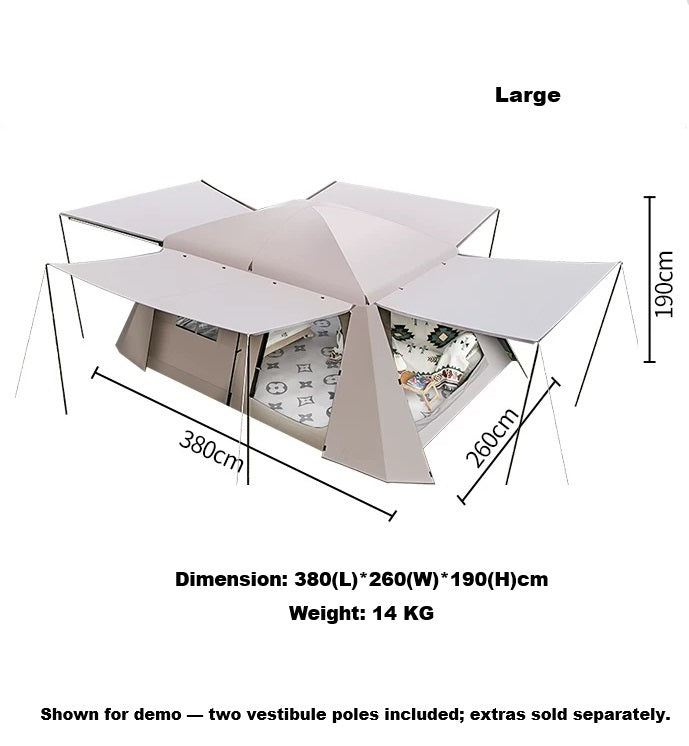 ECOTREK family tent with double layers, waterproof design, manual pole setup, PU3000 coating, ideal for outdoor camping.