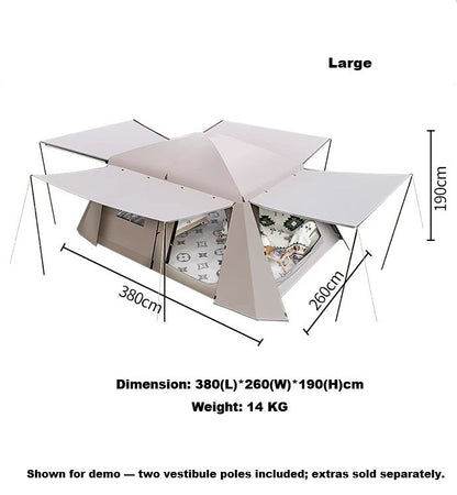 ECOTREK family tent with double layers, waterproof design, manual pole setup, PU3000 coating, ideal for outdoor camping.