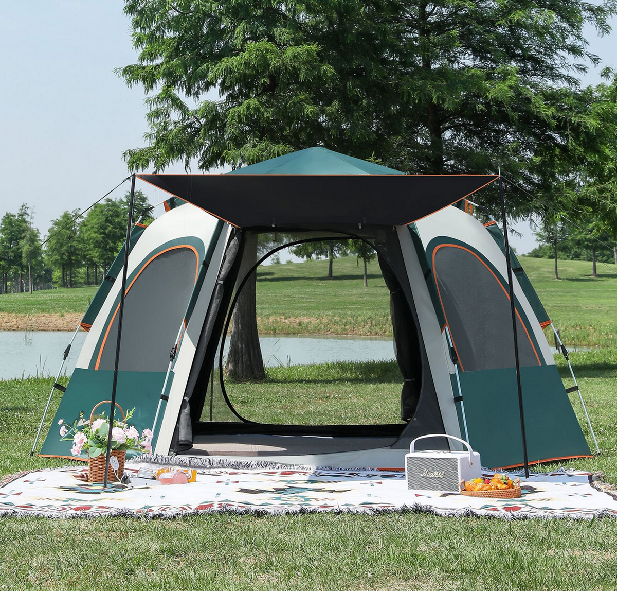 Medium green ECOTREK hexagonal camping tent with durable fabric and quick setup, ideal for outdoor camping adventures.