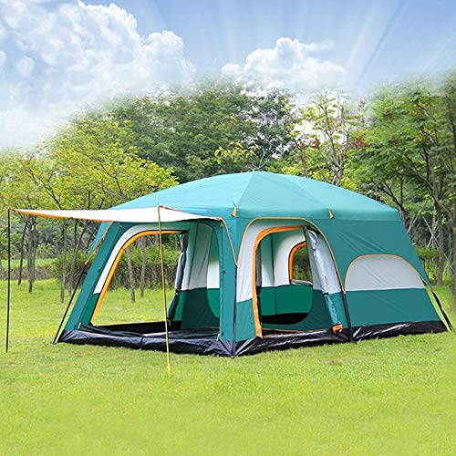 Green ECOTREK family outdoor camping tent, double-layer cabin tent ideal for family camping trips, with a spacious design and durable fabric.