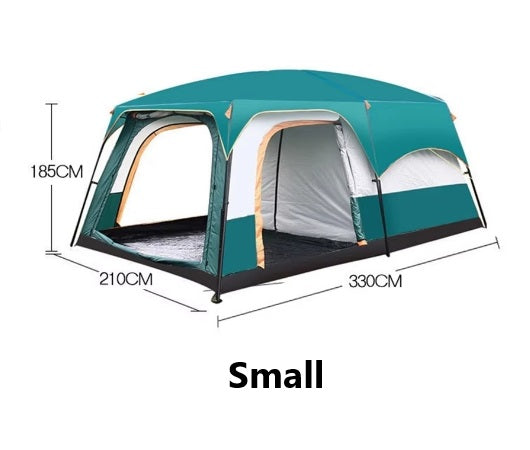 Green ECOTREK family outdoor camping tent with double-layer design, ideal for family cabin camping adventures.
