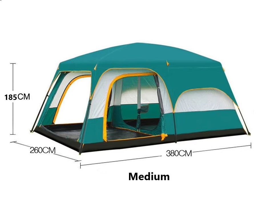Green ECOTREK family outdoor camping tent, double-layer cabin tent used for family camping trips on outdoor adventures.