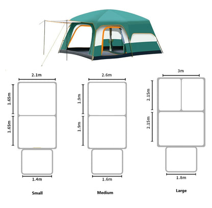Green ECOTREK family outdoor camping tent, double-layer cabin tent for family camping trips, shown set up outdoors.