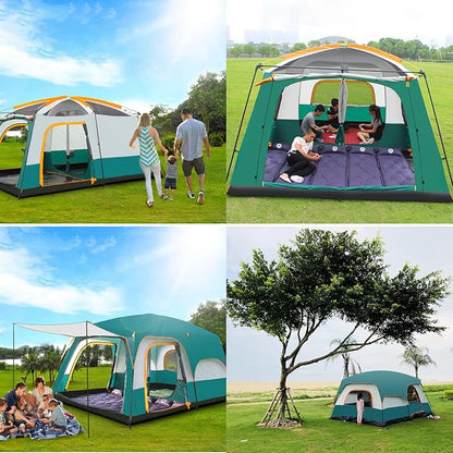 Green ECOTREK family outdoor camping tent with double-layer design, ideal for family cabin camping adventures.