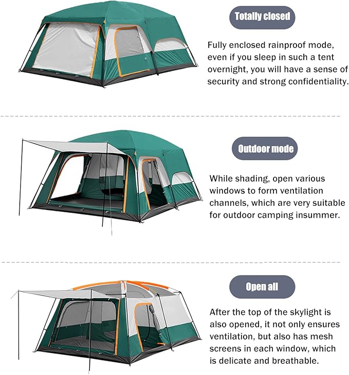 Green ECOTREK family outdoor camping tent, double-layer cabin style, suitable for family camping trips, shown in a small image.
