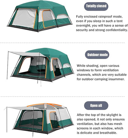 Green ECOTREK family outdoor camping tent, double-layer cabin style, suitable for family camping trips, shown in a small image.