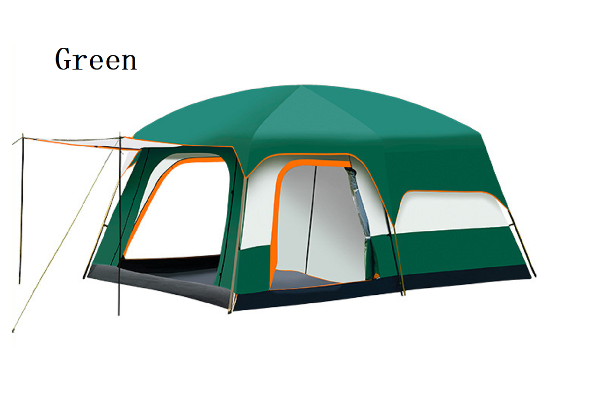 Green ECOTREK family outdoor camping tent, double-layer cabin tent suitable for family camping adventures.