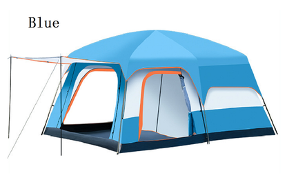 Green ECOTREK family outdoor camping tent, double-layer cabin tent set up outdoors for family camping adventures.