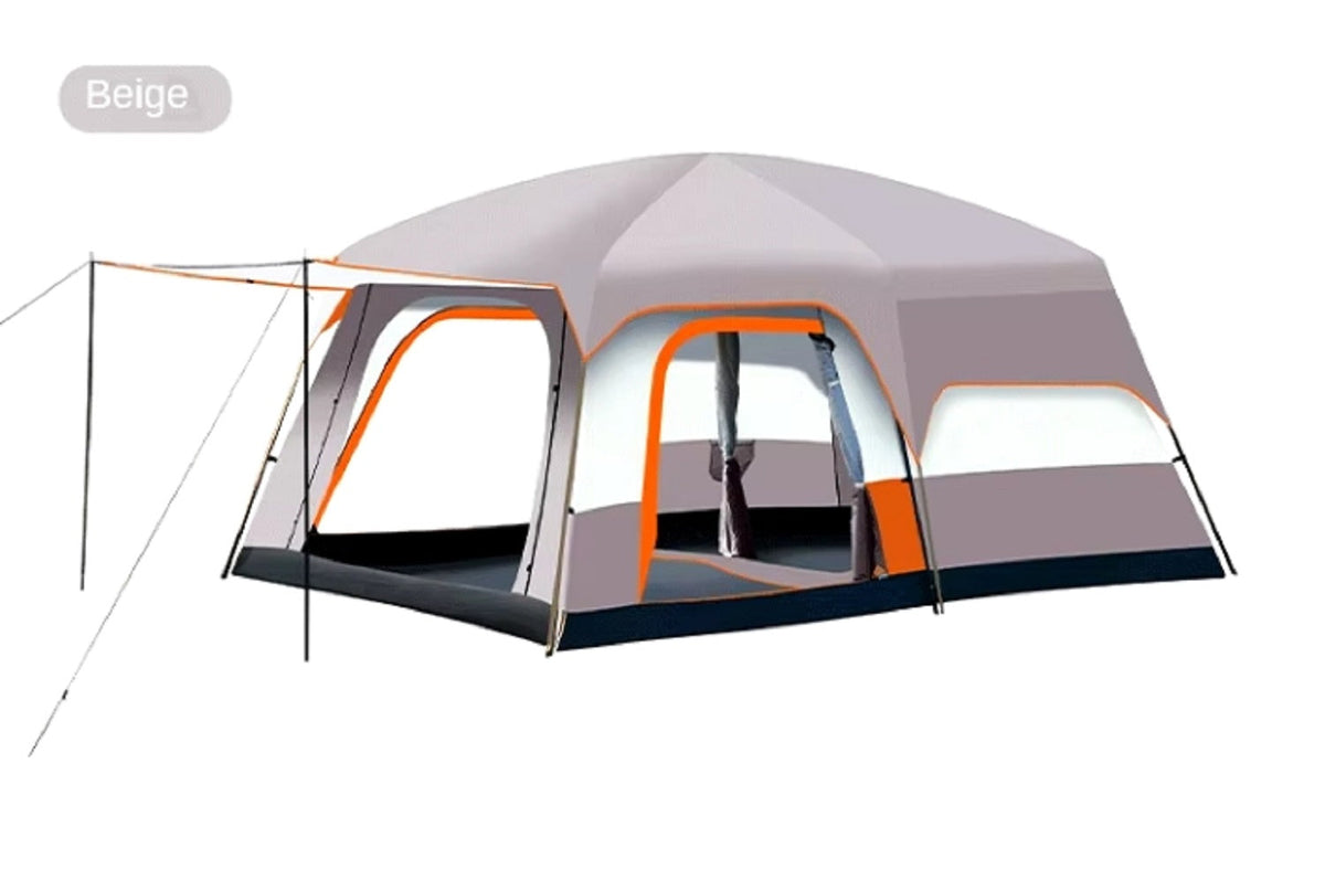 Green ECOTREK family outdoor camping tent, double-layer cabin tent suitable for family camping trips.