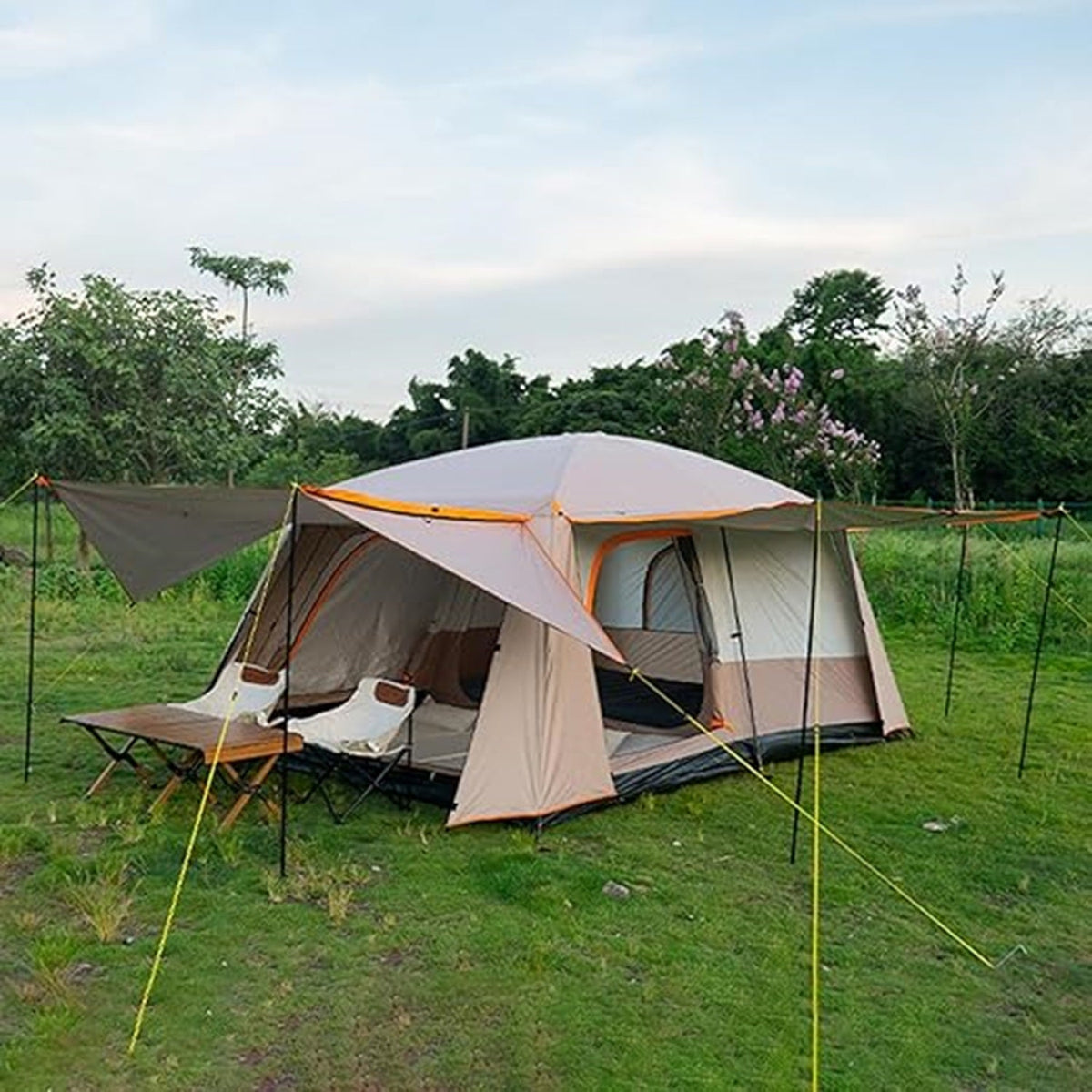 ECOTREK family tent with double-layer waterproof design, available in three sizes and two colors, shown in khaki.