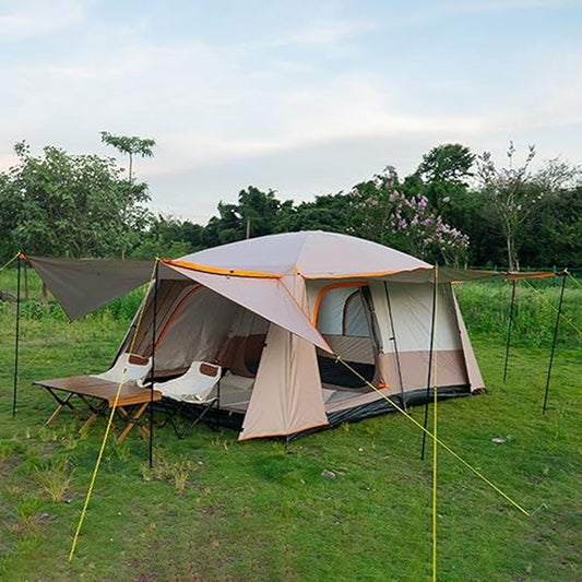 ECOTREK family tent with double-layer waterproof design, available in three sizes and two colors, shown in khaki.