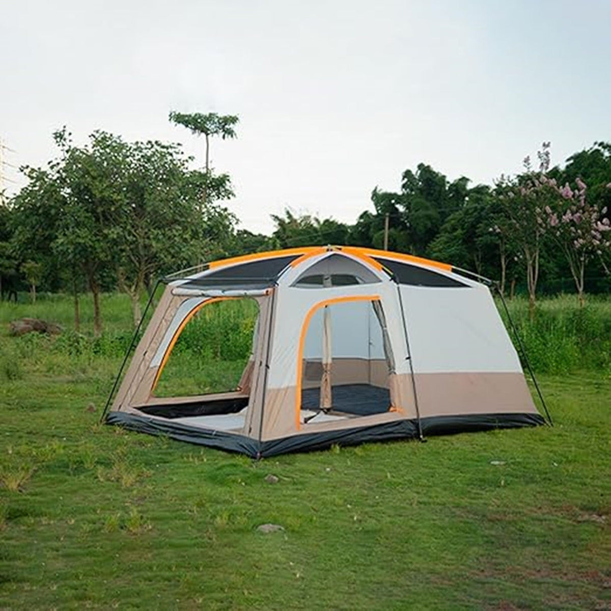 ECOTREK family tent with double-layer waterproof design in khaki, available in three sizes and two colors, suitable for outdoor camping.
