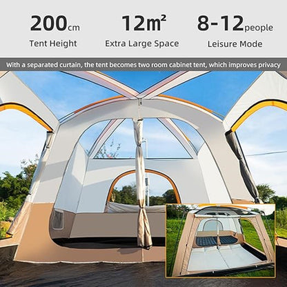 ECOTREK family tent with double-layer waterproof design in khaki, available in three sizes and two colors, suitable for family camping.