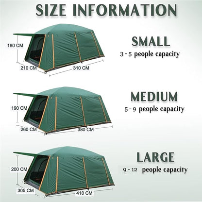ECOTREK family tent with double-layer waterproof design, available in three sizes and two colors, suitable for outdoor family camping.
