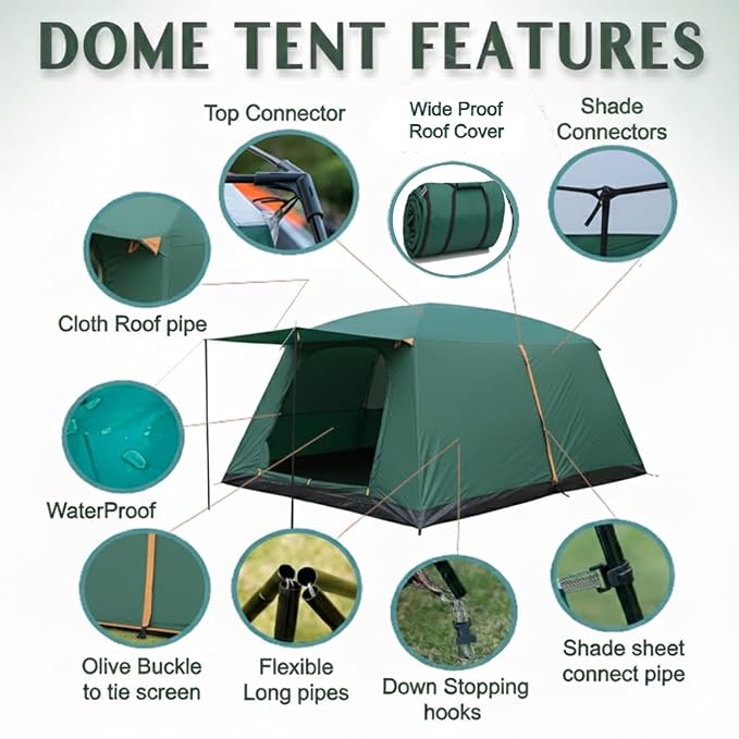 ECOTREK family tent with double-layer waterproof design, available in three sizes and two colors, shown in khaki.