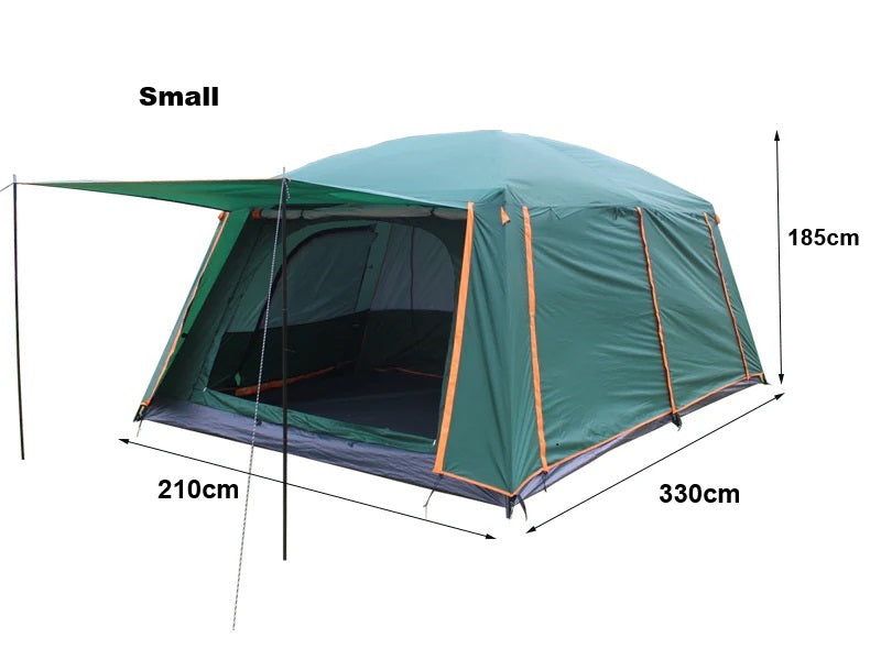 ECOTREK family tent with double layers, waterproof design, three sizes, in khaki color, suitable for outdoor family camping.