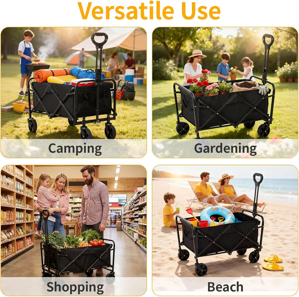 Foldable ECOTREK beach cart trolley with large wheels and collapsible frame for easy transport and storage.