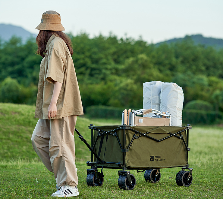 ECOTREK MOBI GARDEN outdoor camping trolley in green, portable four-way folding utility cart with 200L capacity.