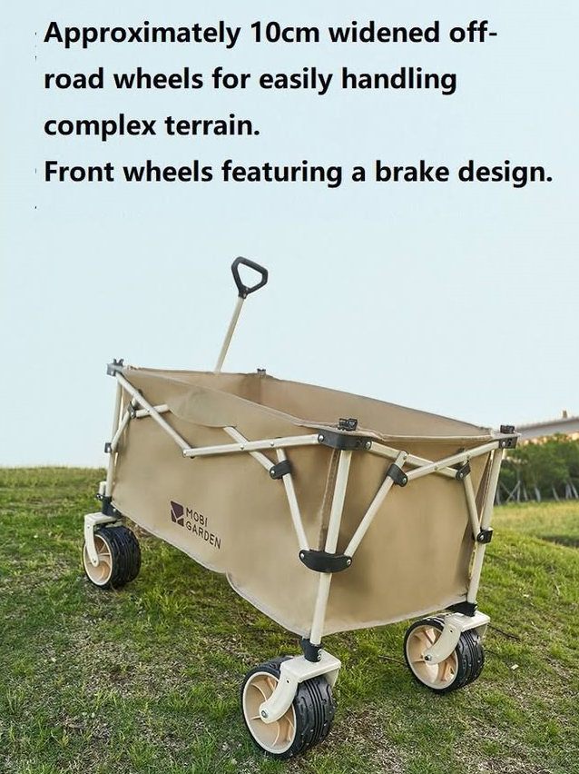 ECOTREK MOBI GARDEN outdoor camping trolley in green with four-way folding design and 200L capacity for carrying gear.