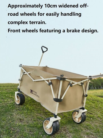 ECOTREK MOBI GARDEN outdoor camping trolley in green with four-way folding design and 200L capacity for carrying gear.