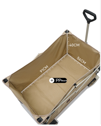 ECOTREK MOBI GARDEN outdoor camping trolley in green, portable four-way folding utility cart with 200L capacity.