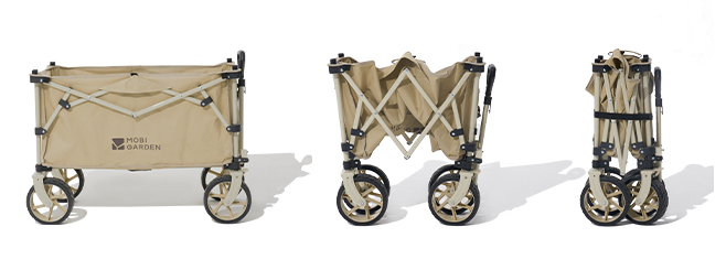 ECOTREK MOBI GARDEN outdoor camping trolley in green, portable four-way folding utility cart with 200L capacity for outdoor use.