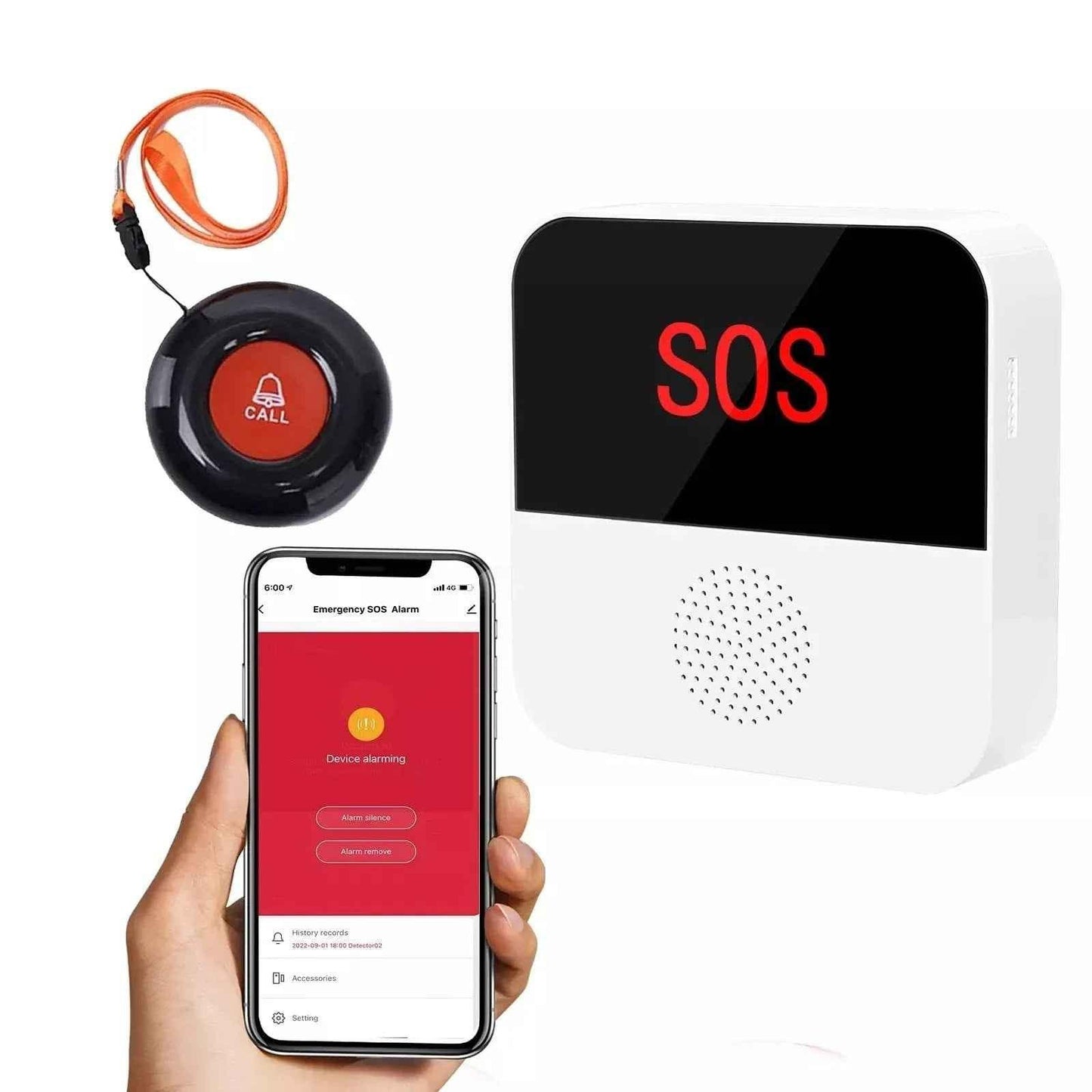 Eldertech Carer Alert wireless pager with rechargeable design, showing a user receiving a message on a smartphone app.