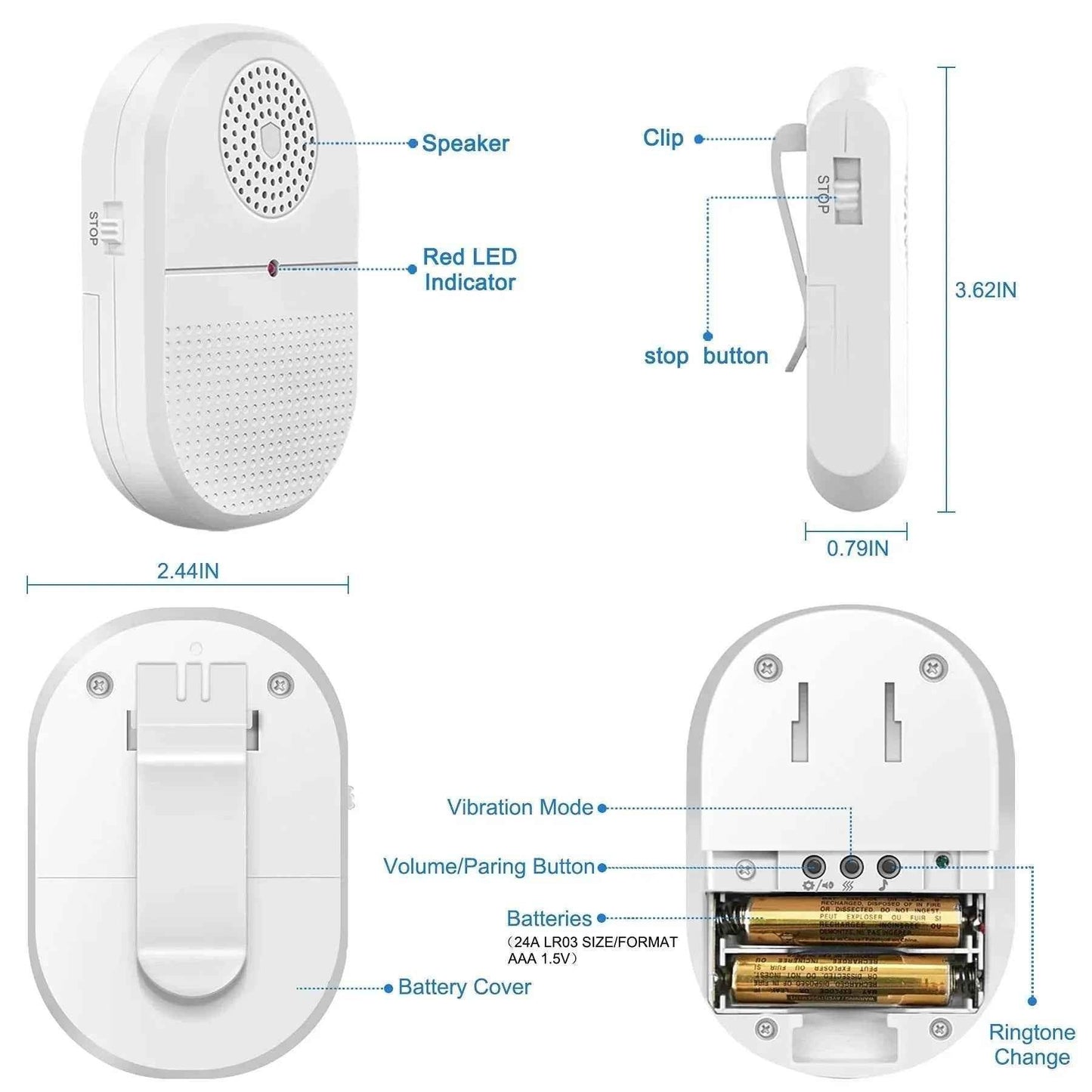 Wireless caregiver pager by Eldertech, showing a compact carer alert device with alert buttons and indicator lights.