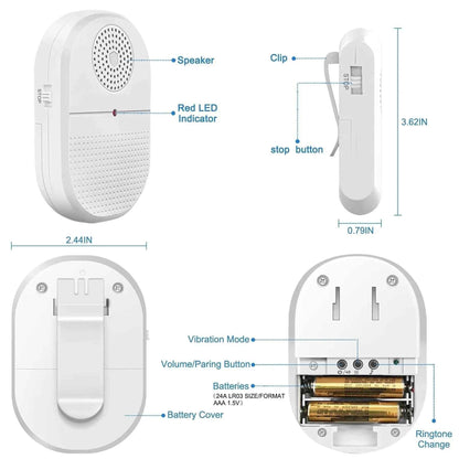 Wireless caregiver pager by Eldertech, showing a compact carer alert device with alert buttons and indicator lights.