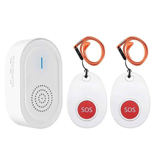Wireless caregiver pager set by Eldertech with two rechargeable call button pendants for easy alert communication.