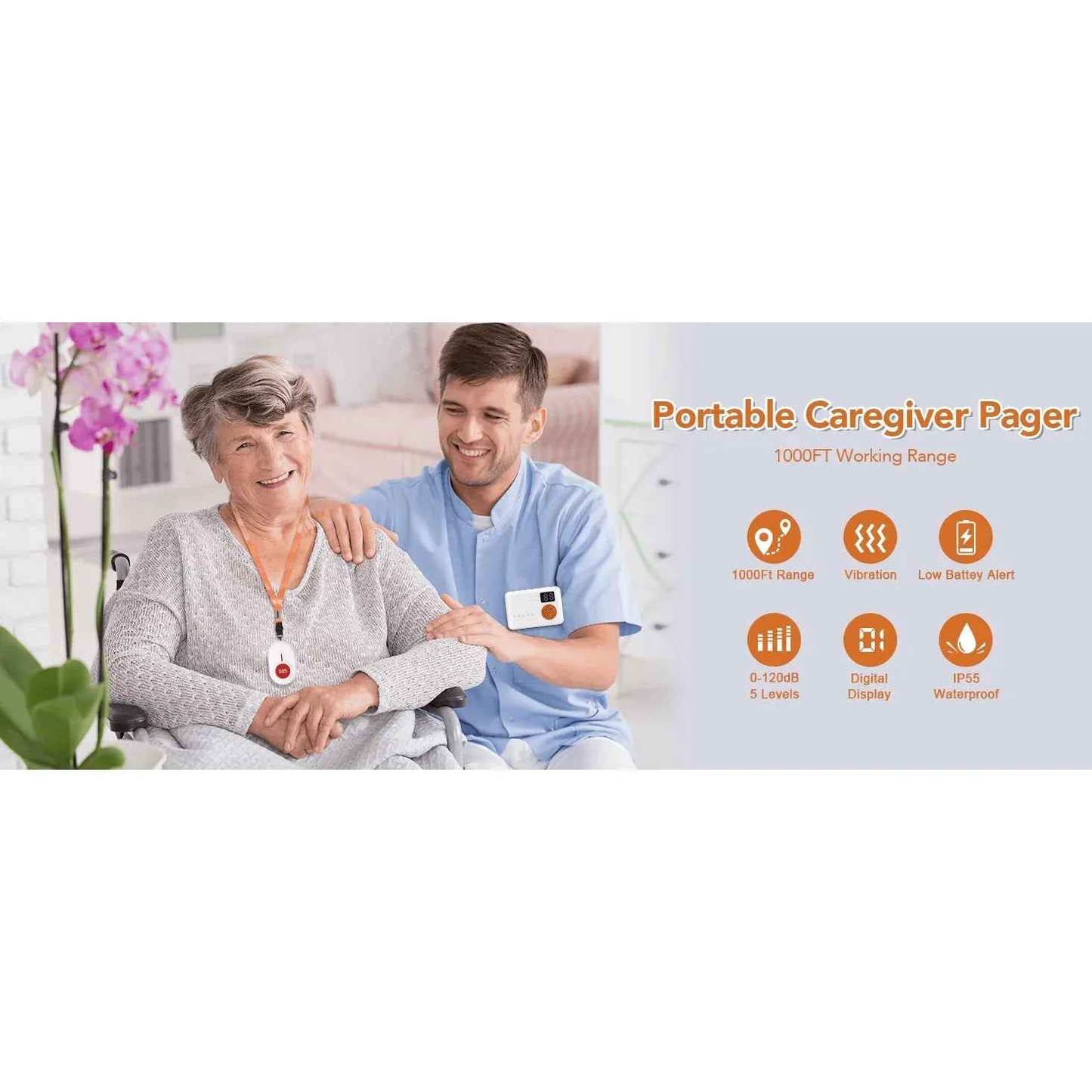 Eldertech wireless caregiver pager with two SOS buttons, up to 300 meters range, designed for carer alert and emergency communication.