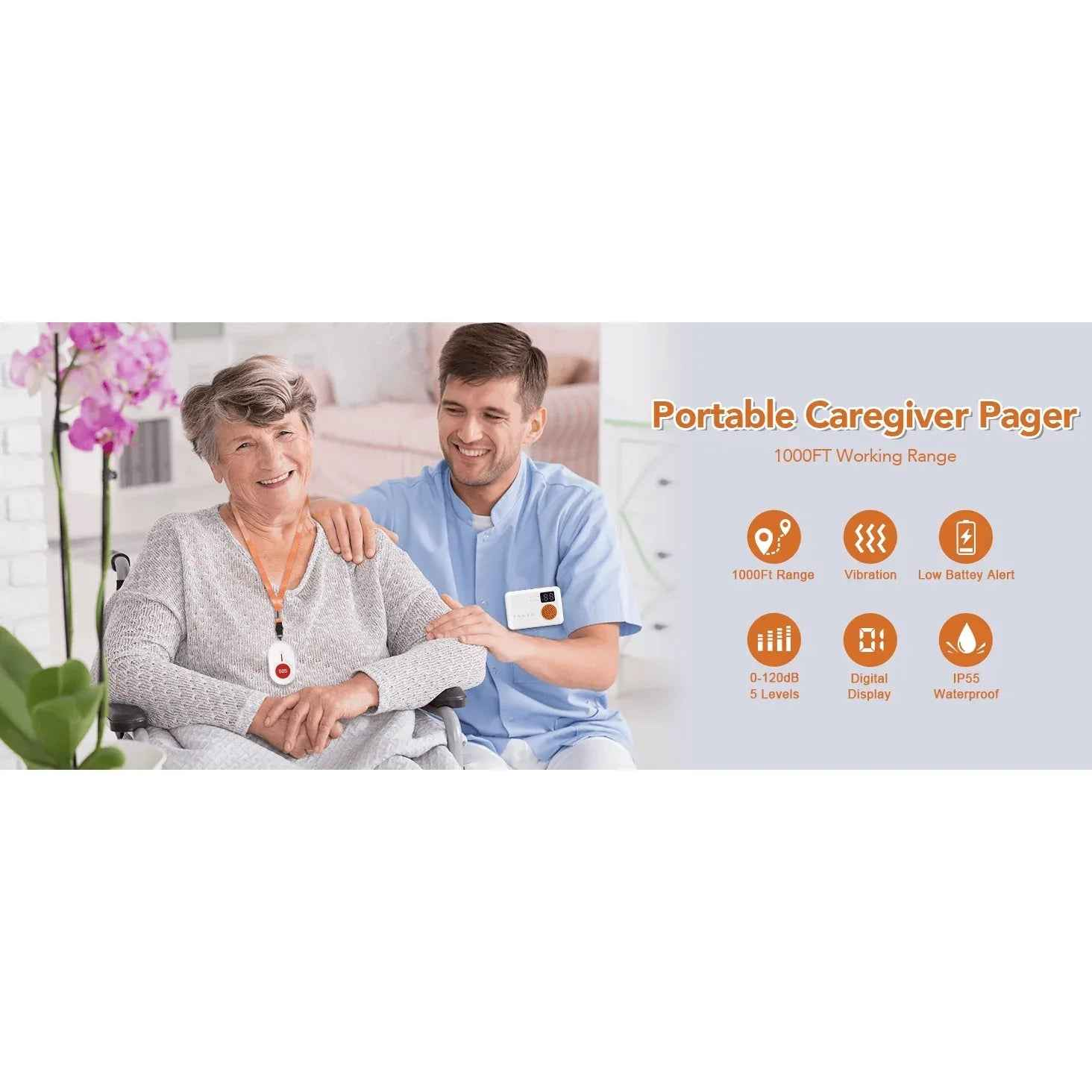 Eldertech wireless caregiver pager with two SOS buttons, up to 300 meters range, designed for carer alert and emergency communication.