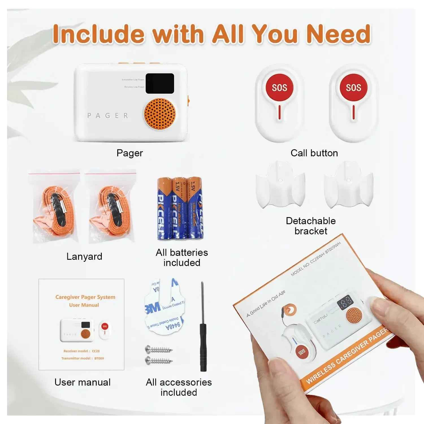 Eldertech wireless caregiver pager with two SOS buttons, up to 300 meters range, designed for emergency alerts and patient safety.