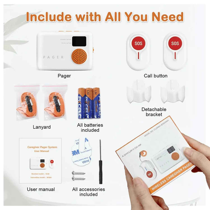 Eldertech wireless caregiver pager with two SOS buttons, up to 300 meters range, designed for emergency alerts and patient safety.