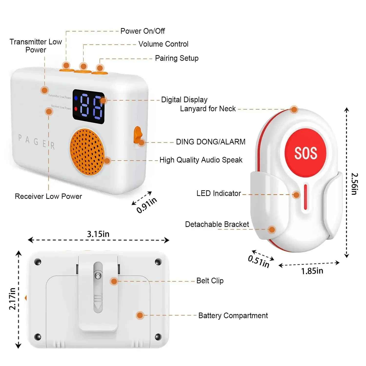 Eldertech wireless caregiver pager with two SOS buttons, up to 300 meters range, used for alerting caregivers in emergencies.