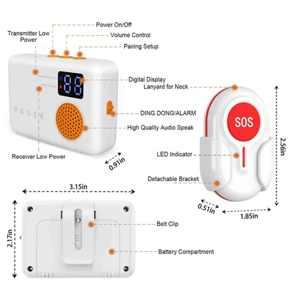 Eldertech wireless caregiver pager with two SOS buttons, up to 300 meters range, used for alerting caregivers in emergencies.