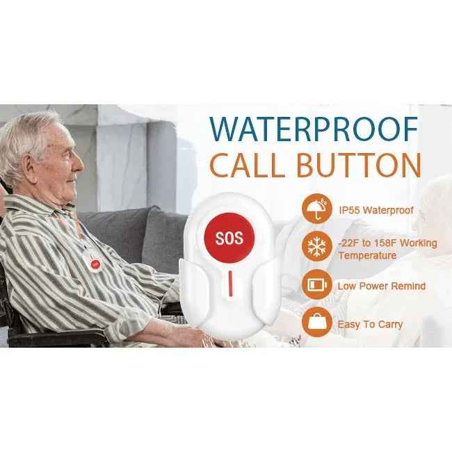 Eldertech wireless caregiver pager with two SOS buttons, up to 300 meters range, designed for carer alert and emergency communication.