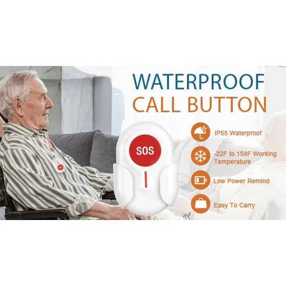 Eldertech wireless caregiver pager with two SOS buttons, up to 300 meters range, designed for carer alert and emergency communication.