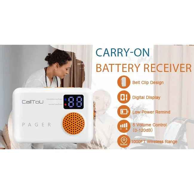 Eldertech wireless caregiver pager with 2 SOS buttons, up to 300 meters range, used for emergency alerts and caregiver communication.