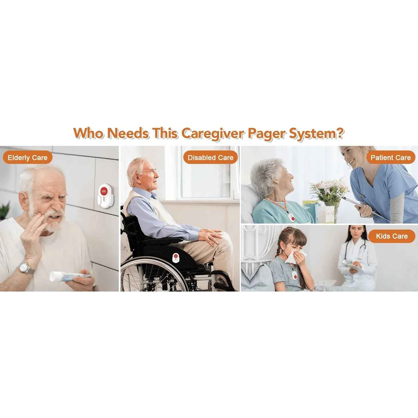 Eldertech wireless caregiver pager with two SOS buttons, up to 300 meters range, used for emergency alerts and caregiver communication.